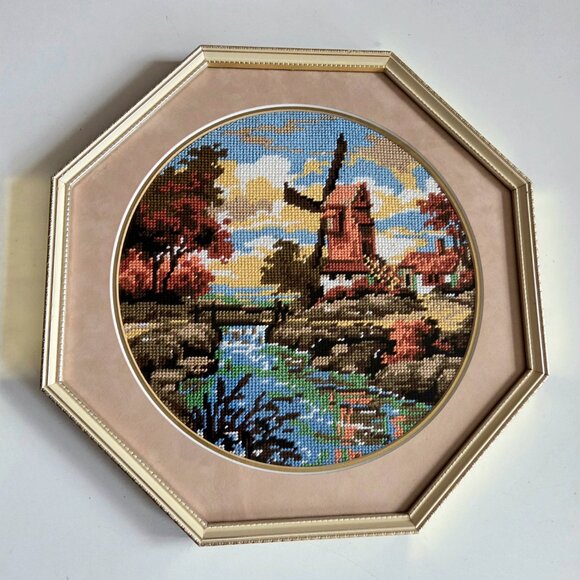 Set of 2 large vintage framed needlepoint cross stitch pictures. - Picture 3 of 6